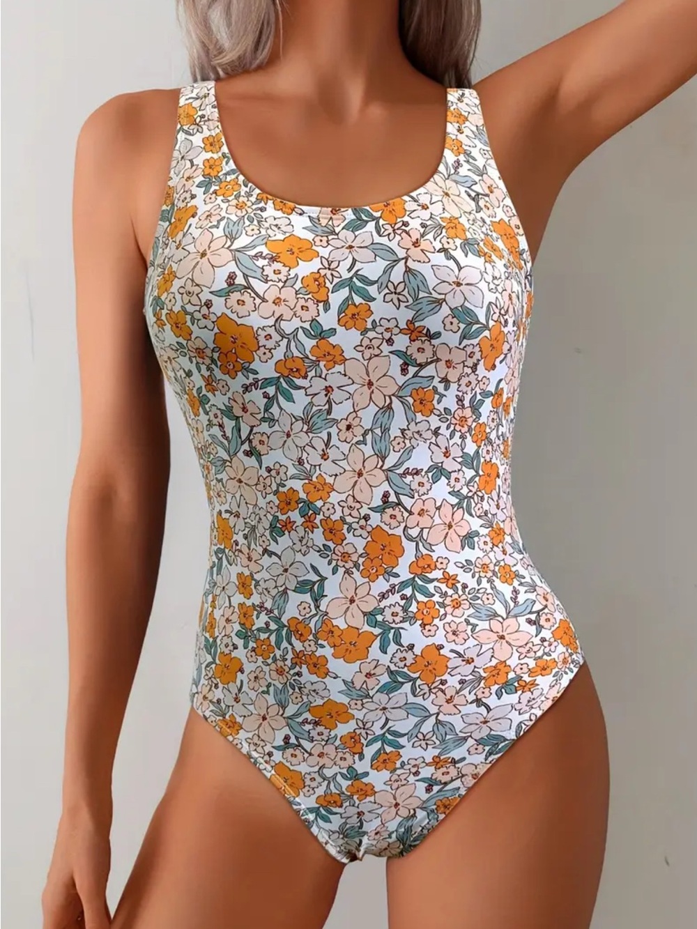 NEW Women’s Floral Scoop Neck One-Piece Swimsuit - White & Orange Size XL